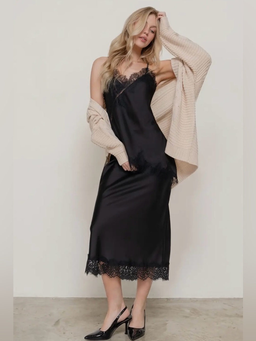 Black Lace-Trim Midi Slip Skirt Dress New